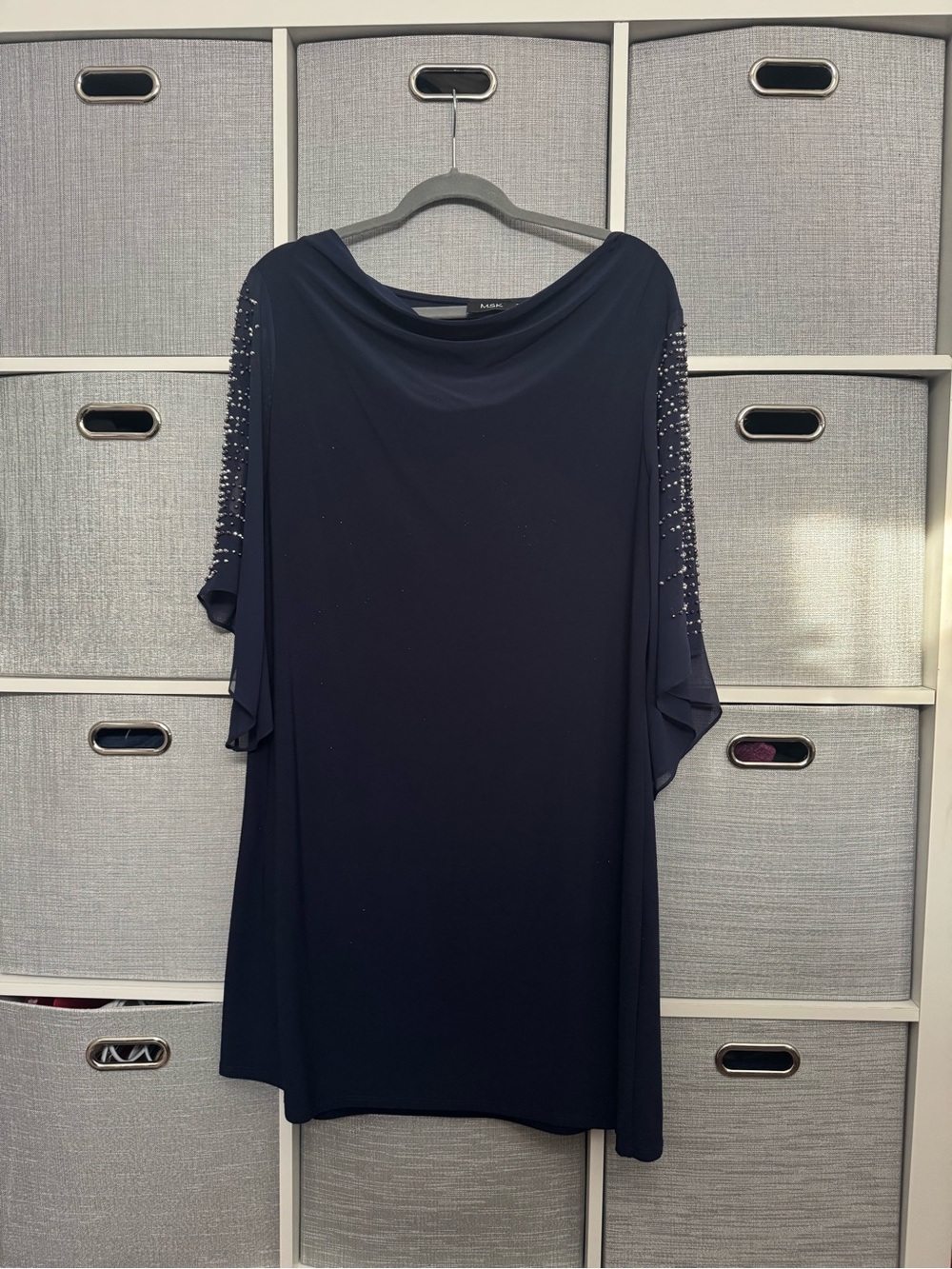 MSK Navy Long-Sleeve Beaded Evening Dress